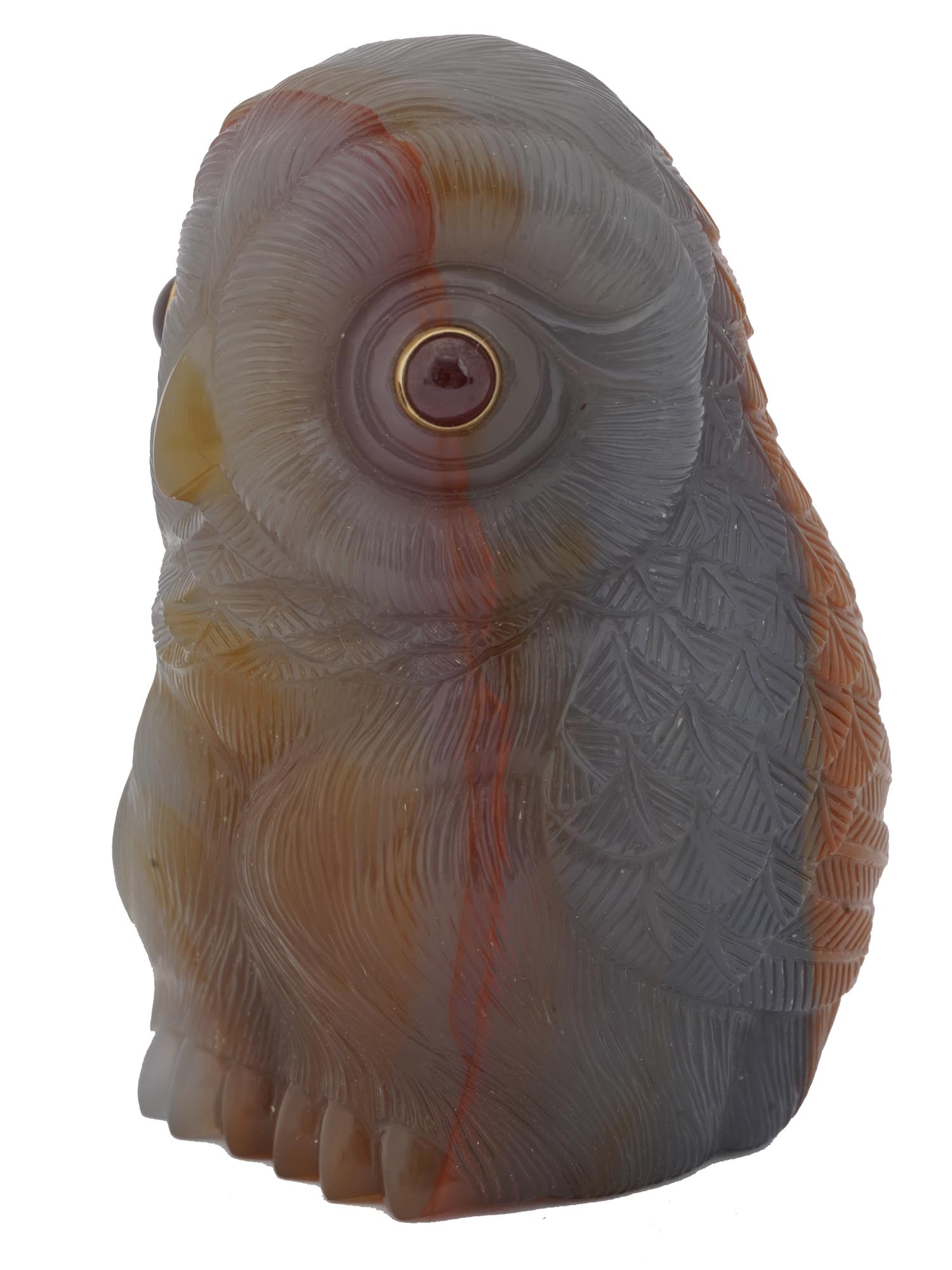 RUSSIAN CARVED AGATE OWL FIGURINE WITH RUBY EYES PIC-1